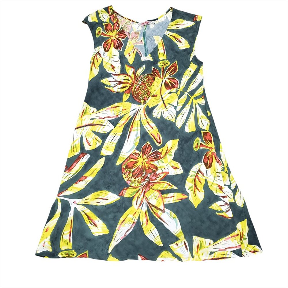 Jams World Womens Pineapple Dress Small Hawaii Aloha Leaves V-Neck Short Sleeve